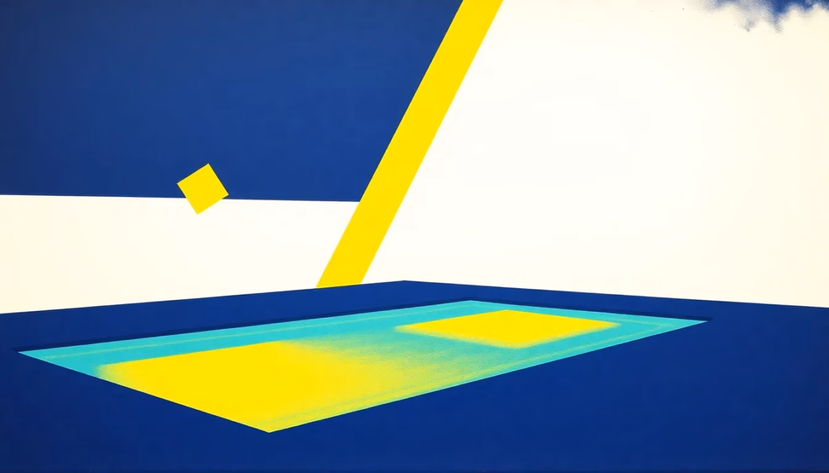 Suprematist abstract painting inspired by Kazimir Malevich featuring an above-ground swimming pool glowing at night with floating solar lamps and geometric beams of light. Minimalist composition of bold navy blue and vibrant yellow geometric shapes on a stark white background. Flat textures, sharp edges, avant-garde electrical concept, no humans, no text, no overlay.