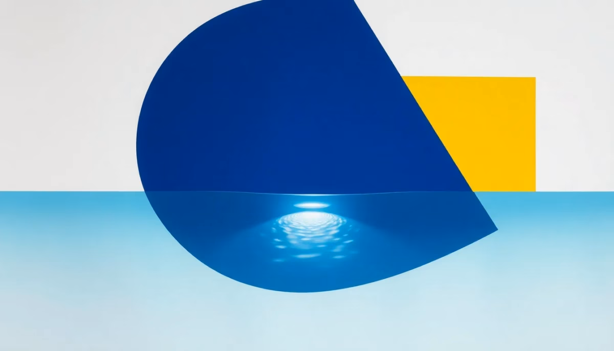 Suprematist abstract painting in the style of Kazimir Malevich featuring a submerged swimming pool LED projector casting a beam of light through the water. Minimalist composition of bold navy blue and vibrant yellow geometric shapes on a stark white background. Flat textures, sharp edges, avant-garde electrical concept. No humans, no text, no watermark, no logo.