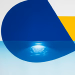 Suprematist abstract painting in the style of Kazimir Malevich featuring a submerged swimming pool LED projector casting a beam of light through the water. Minimalist composition of bold navy blue and vibrant yellow geometric shapes on a stark white background. Flat textures, sharp edges, avant-garde electrical concept. No humans, no text, no watermark, no logo.