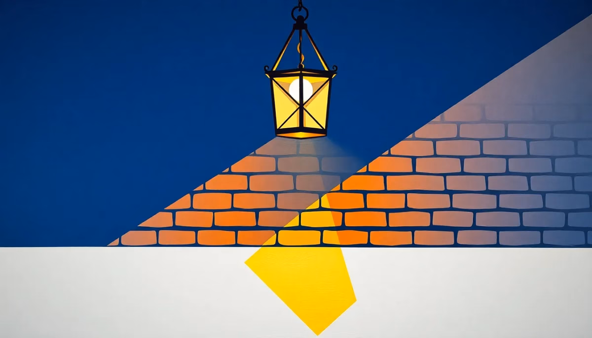Suprematist abstract painting by Kazimir Malevich featuring a wrought-iron porch lantern casting warm geometric light beams across a brick and half-timbered wall. Minimalist composition of bold navy blue and vibrant yellow geometric shapes on a stark white background. Flat textures, sharp edges, avant-garde electrical concept. No humans, no text, no letters, no watermark, no text overlay.