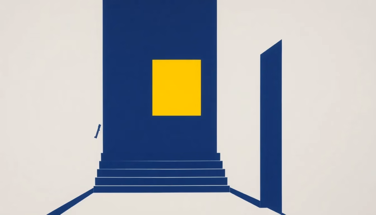 Suprematist abstract painting by Kazimir Malevich featuring a glowing emergency lighting block illuminating a dark stairwell during a power outage. Minimalist composition of bold navy blue and vibrant yellow geometric shapes on a stark white background. Flat textures, sharp edges, avant-garde electrical concept. No humans, no text, no letters, no logos, no symbols.