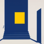 Suprematist abstract painting by Kazimir Malevich featuring a glowing emergency lighting block illuminating a dark stairwell during a power outage. Minimalist composition of bold navy blue and vibrant yellow geometric shapes on a stark white background. Flat textures, sharp edges, avant-garde electrical concept. No humans, no text, no letters, no logos, no symbols.