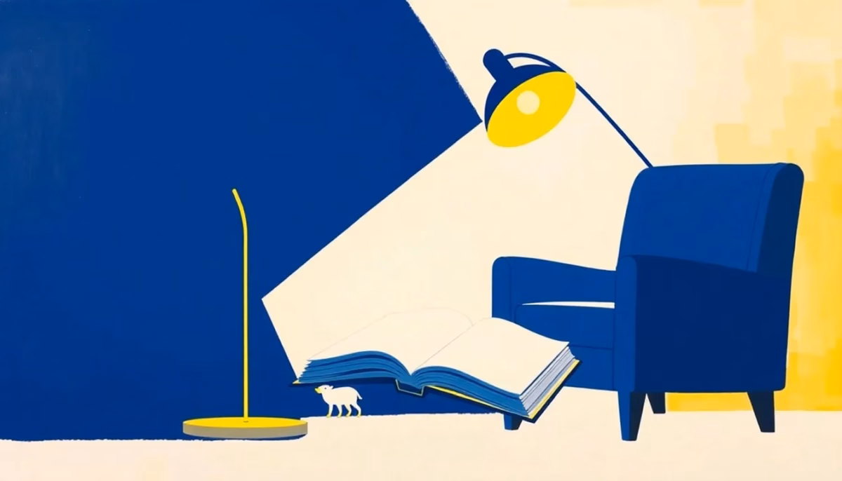 Suprematist abstract painting by Kazimir Malevich featuring a stylized articulated reading lamp casting a broad cone of light over an armchair and an open book. Minimalist composition of bold navy blue and vibrant yellow geometric shapes on a stark white background. Flat textures, sharp edges, avant-garde electrical concept. No humans, no text.