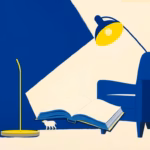 Suprematist abstract painting by Kazimir Malevich featuring a stylized articulated reading lamp casting a broad cone of light over an armchair and an open book. Minimalist composition of bold navy blue and vibrant yellow geometric shapes on a stark white background. Flat textures, sharp edges, avant-garde electrical concept. No humans, no text.