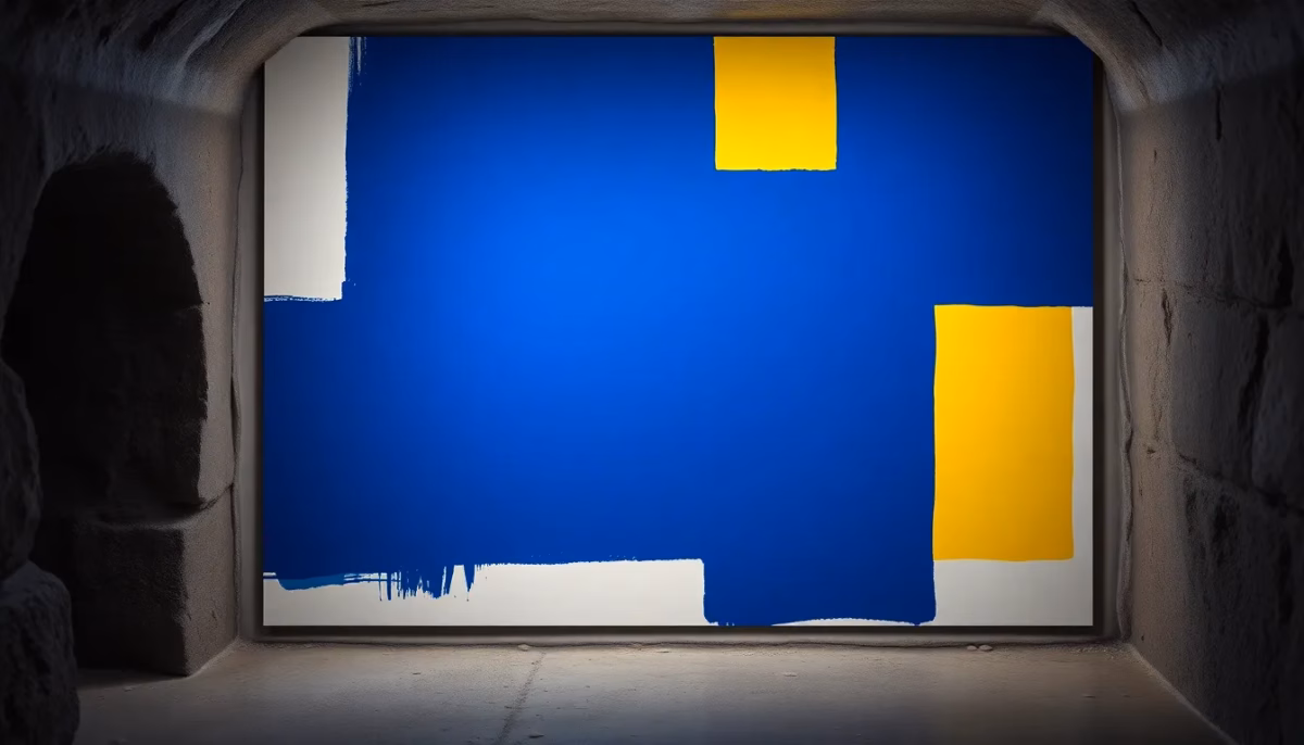 Suprematist abstract painting by Kazimir Malevich featuring a glowing waterproof IP65 LED bulkhead light in a humid stone cellar. Minimalist composition of bold navy blue and vibrant yellow geometric shapes on a stark white background. Flat textures, sharp edges, avant-garde electrical concept. No humans, no text overlay.