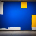 Suprematist abstract painting by Kazimir Malevich featuring a glowing waterproof IP65 LED bulkhead light in a humid stone cellar. Minimalist composition of bold navy blue and vibrant yellow geometric shapes on a stark white background. Flat textures, sharp edges, avant-garde electrical concept. No humans, no text overlay.