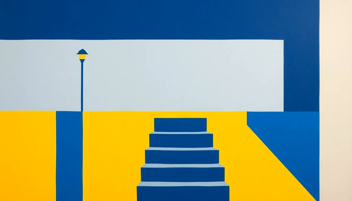 Suprematist abstract painting by Kazimir Malevich featuring a minimalist outdoor terrace lamp glowing above geometric terrace steps at night. Minimalist composition of bold navy blue and vibrant yellow geometric shapes on a stark white background. Flat textures, sharp edges, avant-garde electrical concept. No humans, no text overlay, no lettering.