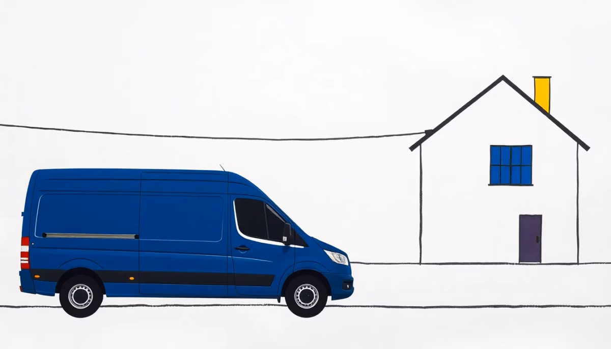 Suprematist abstract painting in the style of Kazimir Malevich featuring a local electrician van and a traditional village house linked by a bold geometric power line. Minimalist composition of bold navy blue and vibrant yellow geometric shapes on a stark white background. Flat textures, sharp edges, avant-garde electrical concept. No humans, no text, no lettering, no watermark, no logo.
