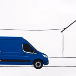 Suprematist abstract painting in the style of Kazimir Malevich featuring a local electrician van and a traditional village house linked by a bold geometric power line. Minimalist composition of bold navy blue and vibrant yellow geometric shapes on a stark white background. Flat textures, sharp edges, avant-garde electrical concept. No humans, no text, no lettering, no watermark, no logo.