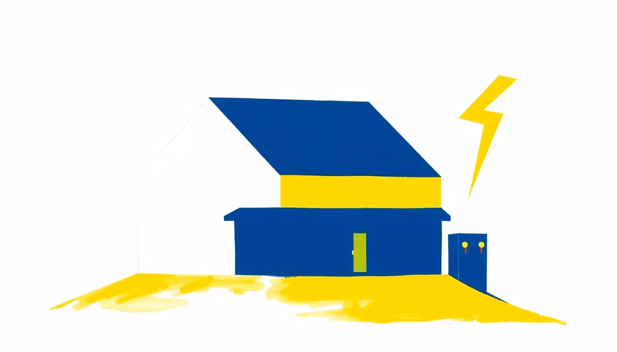 Suprematist abstract painting in the style of Kazimir Malevich featuring a mountain gîte lodge with a solar panel array, a battery block and a lightning bolt. Minimalist composition of bold navy blue and vibrant yellow geometric shapes on a stark white background. Flat textures, sharp edges, avant-garde electrical concept, no humans, no text, no lettering, no overlay.