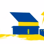Suprematist abstract painting in the style of Kazimir Malevich featuring a mountain gîte lodge with a solar panel array, a battery block and a lightning bolt. Minimalist composition of bold navy blue and vibrant yellow geometric shapes on a stark white background. Flat textures, sharp edges, avant-garde electrical concept, no humans, no text, no lettering, no overlay.