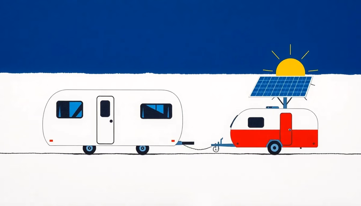 Suprematist abstract painting in the style of Kazimir Malevich: a white mobil-home and a caravan linked by a bold electrical cable to a geometric sun and a solar panel. Minimalist composition of bold navy blue and vibrant yellow geometric shapes on a stark white background. Flat textures, sharp edges, avant-garde electrical concept. No humans, no text, no lettering, no watermark.