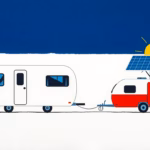 Suprematist abstract painting in the style of Kazimir Malevich: a white mobil-home and a caravan linked by a bold electrical cable to a geometric sun and a solar panel. Minimalist composition of bold navy blue and vibrant yellow geometric shapes on a stark white background. Flat textures, sharp edges, avant-garde electrical concept. No humans, no text, no lettering, no watermark.