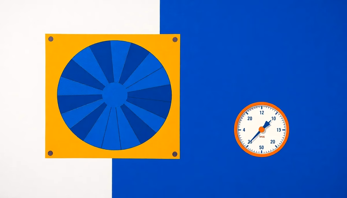 Suprematist abstract painting by Kazimir Malevich featuring an abstract HVAC maintenance scene: a stylized ventilation grille, a circular fan blade and a boiler pressure gauge reduced to pure geometry. Minimalist composition of bold navy blue and vibrant yellow geometric shapes on a stark white background. Flat textures, sharp edges, avant-garde electrical concept. No humans, no text overlay.