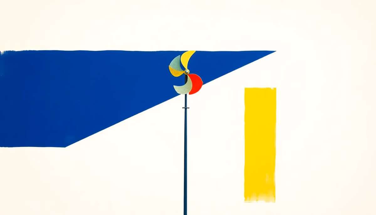 Suprematist abstract painting in the style of Kazimir Malevich featuring a small garden wind turbine mounted on a tall steel mast with three blades. Minimalist composition of bold navy blue and vibrant yellow geometric shapes on a stark white background. Flat textures, sharp edges, avant-garde electrical concept. No humans, no text.