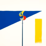 Suprematist abstract painting in the style of Kazimir Malevich featuring a small garden wind turbine mounted on a tall steel mast with three blades. Minimalist composition of bold navy blue and vibrant yellow geometric shapes on a stark white background. Flat textures, sharp edges, avant-garde electrical concept. No humans, no text.