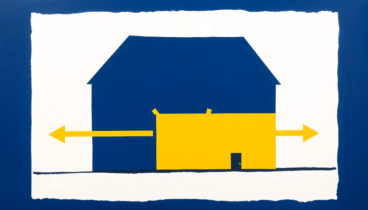 Suprematist abstract painting by Kazimir Malevich featuring the silhouette of a converted stone barn with rising vapour lines and crossed ventilation arrows. Minimalist composition of bold navy blue and vibrant yellow geometric shapes on a stark white background. Flat textures, sharp edges, avant-garde airflow concept. No humans, no text overlay.