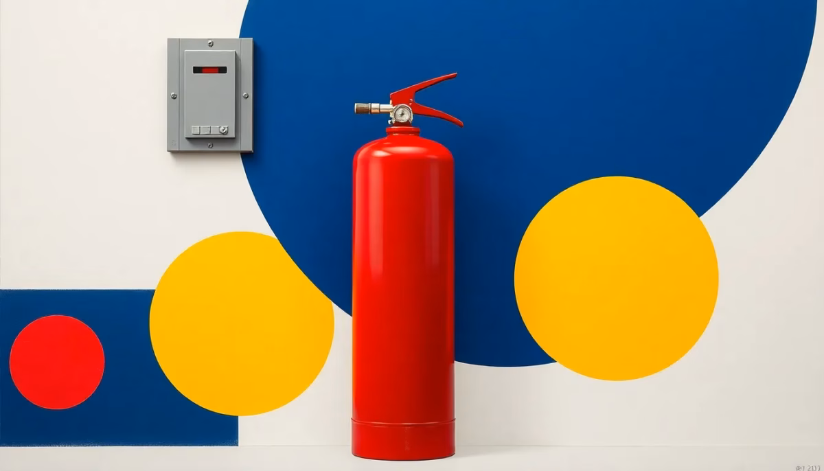 Suprematist abstract painting in the style of Kazimir Malevich, featuring a bright red cylindrical fire extinguisher standing beside a wall-mounted electrical panel. Minimalist composition with bold navy blue and vibrant yellow geometric shapes on a stark white background, flat textures, sharp edges, avant-garde electrical safety concept. No humans, no text, no letters, no overlay.