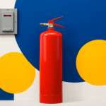 Suprematist abstract painting in the style of Kazimir Malevich, featuring a bright red cylindrical fire extinguisher standing beside a wall-mounted electrical panel. Minimalist composition with bold navy blue and vibrant yellow geometric shapes on a stark white background, flat textures, sharp edges, avant-garde electrical safety concept. No humans, no text, no letters, no overlay.