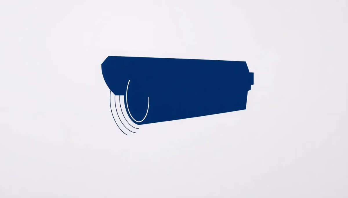 Suprematist abstract painting inspired by Kazimir Malevich, featuring a minimalist outdoor security camera silhouette with concentric detection arcs and a crossed-out motion wave. Bold navy blue and vibrant yellow geometric shapes on a stark white background, flat textures, sharp edges, avant-garde electrical concept. No humans, no text, no letters, no numbers, no logo, no overlay.