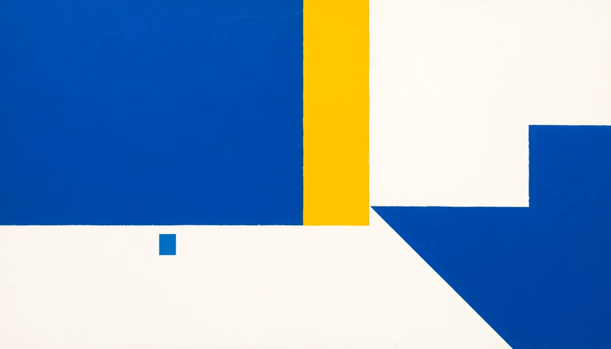 Suprematist abstract painting in the style of Kazimir Malevich depicting antique knob-and-tube wiring with porcelain insulators and cloth-covered copper wires. Minimalist composition of bold navy blue and vibrant yellow geometric shapes on a stark white background. Flat textures, sharp edges, avant-garde electrical concept. No humans, no text, no lettering, no overlay, no watermark.