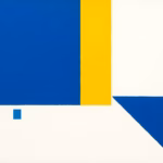 Suprematist abstract painting in the style of Kazimir Malevich depicting antique knob-and-tube wiring with porcelain insulators and cloth-covered copper wires. Minimalist composition of bold navy blue and vibrant yellow geometric shapes on a stark white background. Flat textures, sharp edges, avant-garde electrical concept. No humans, no text, no lettering, no overlay, no watermark.
