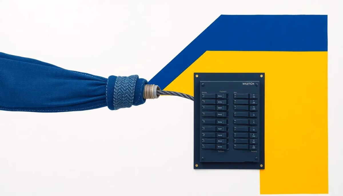 Suprematist abstract painting by Kazimir Malevich style, featuring a vintage fabric-wrapped electrical cable dissolving into a modern modular breaker panel. Minimalist composition of bold navy blue and vibrant yellow geometric shapes on a stark white background. Flat textures, sharp edges, avant-garde electrical concept. No humans, no text, no text overlay.