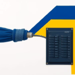 Suprematist abstract painting by Kazimir Malevich style, featuring a vintage fabric-wrapped electrical cable dissolving into a modern modular breaker panel. Minimalist composition of bold navy blue and vibrant yellow geometric shapes on a stark white background. Flat textures, sharp edges, avant-garde electrical concept. No humans, no text, no text overlay.