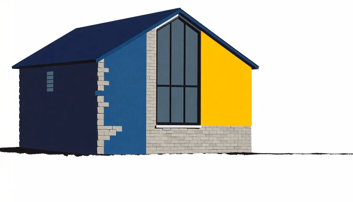 Suprematist abstract painting by Kazimir Malevich featuring a renovated stone barn with a tall glass bay window. Minimalist composition of bold navy blue and vibrant yellow geometric shapes on a stark white background. Flat textures, sharp edges, avant-garde electrical concept. No humans, no text.