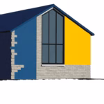 Suprematist abstract painting by Kazimir Malevich featuring a renovated stone barn with a tall glass bay window. Minimalist composition of bold navy blue and vibrant yellow geometric shapes on a stark white background. Flat textures, sharp edges, avant-garde electrical concept. No humans, no text.