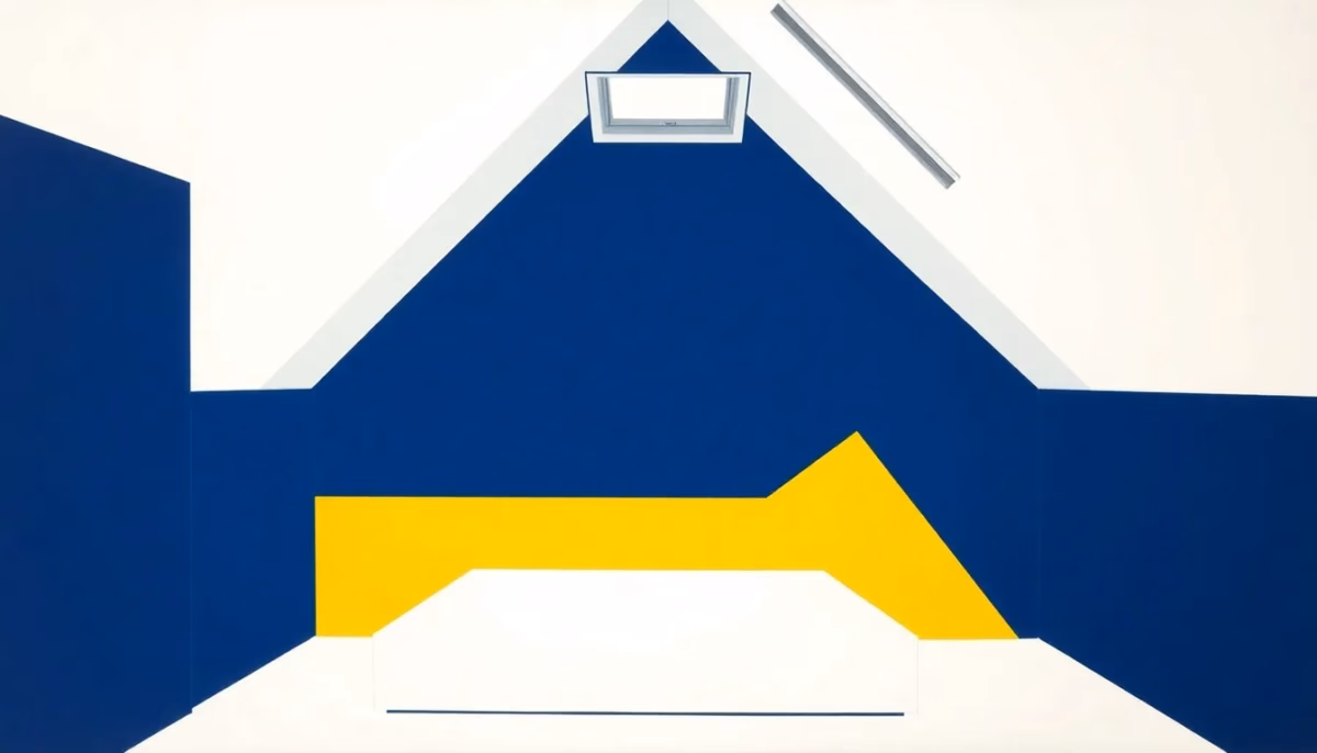 Suprematist abstract painting in the style of Kazimir Malevich featuring a converted attic bedroom under a steep pitched roof, with geometric ventilation grilles and a skylight. Minimalist composition of bold navy blue and vibrant yellow geometric shapes on a stark white background. Flat textures, sharp edges, avant-garde electrical concept. No humans, no text overlay.
