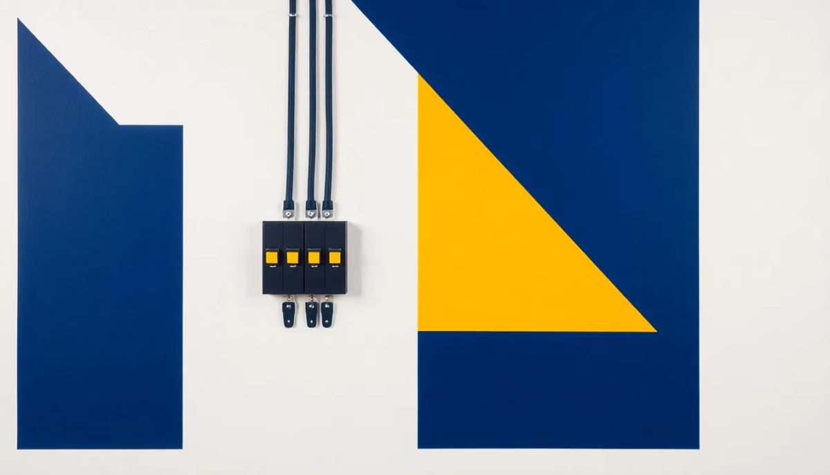Suprematist abstract painting in the style of Kazimir Malevich depicting a decluttered electrical panel (GTL) with orderly geometric conduit lines and neatly aligned modular circuit breakers inside a two-compartment trunking. Minimalist composition of bold navy blue and vibrant yellow geometric shapes on a stark white background. Flat textures, sharp edges, avant-garde electrical concept. No humans, no text.