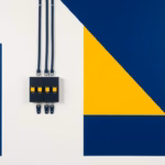 Suprematist abstract painting in the style of Kazimir Malevich depicting a decluttered electrical panel (GTL) with orderly geometric conduit lines and neatly aligned modular circuit breakers inside a two-compartment trunking. Minimalist composition of bold navy blue and vibrant yellow geometric shapes on a stark white background. Flat textures, sharp edges, avant-garde electrical concept. No humans, no text.