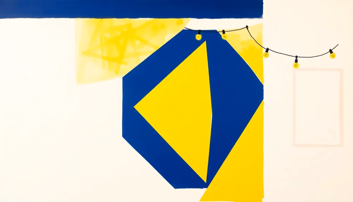 Suprematist abstract painting in the style of Kazimir Malevich, outdoor Christmas string lights glowing along a house facade, minimalist composition of bold navy blue and vibrant yellow geometric shapes on a stark white background, flat textures, sharp edges, avant-garde electrical concept, no humans, no text, no letters, no numbers, no logos.