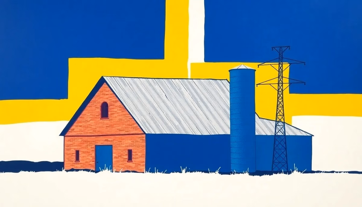 Suprematist abstract painting by Kazimir Malevich featuring an old brick farm barn with a steep gable roof, a silo and an electrical utility pole. Minimalist composition of bold navy blue and vibrant yellow geometric shapes on a stark white background. Flat textures, sharp edges, avant-garde electrical concept. No humans, no text.