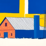 Suprematist abstract painting by Kazimir Malevich featuring an old brick farm barn with a steep gable roof, a silo and an electrical utility pole. Minimalist composition of bold navy blue and vibrant yellow geometric shapes on a stark white background. Flat textures, sharp edges, avant-garde electrical concept. No humans, no text.