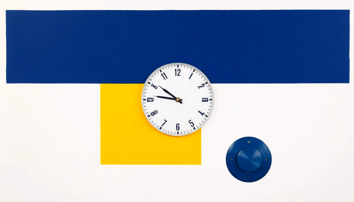 Suprematist abstract painting inspired by Kazimir Malevich, featuring a wall clock overlapping a roller shutter and a round thermostat dial. Minimalist composition of bold navy blue and vibrant yellow geometric shapes on a stark white background. Flat textures, sharp edges, avant-garde electrical concept, clean gallery-style rendering, high resolution. No humans, no text, no lettering, no watermark.