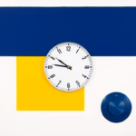 Suprematist abstract painting inspired by Kazimir Malevich, featuring a wall clock overlapping a roller shutter and a round thermostat dial. Minimalist composition of bold navy blue and vibrant yellow geometric shapes on a stark white background. Flat textures, sharp edges, avant-garde electrical concept, clean gallery-style rendering, high resolution. No humans, no text, no lettering, no watermark.