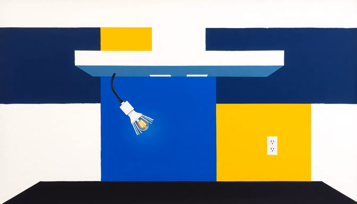 Suprematist abstract painting by Kazimir Malevich featuring a kitchen extractor hood silhouette with a dead unlit lamp and a wall socket. Minimalist composition of bold navy blue and vibrant yellow geometric shapes on a stark white background. Flat textures, sharp edges, avant-garde electrical concept. No humans, no text, no lettering, no logos.