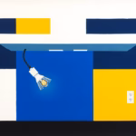 Suprematist abstract painting by Kazimir Malevich featuring a kitchen extractor hood silhouette with a dead unlit lamp and a wall socket. Minimalist composition of bold navy blue and vibrant yellow geometric shapes on a stark white background. Flat textures, sharp edges, avant-garde electrical concept. No humans, no text, no lettering, no logos.