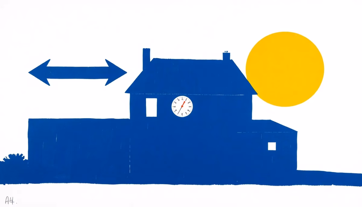Suprematist abstract painting by Kazimir Malevich featuring a traditional French longère farmhouse crossed by geometric airflow arrows and a humidity gauge. Minimalist composition of bold navy blue and vibrant yellow geometric shapes on a stark white background. Flat textures, sharp edges, avant-garde electrical concept. No humans, no text.