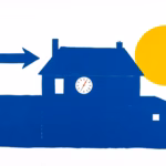 Suprematist abstract painting by Kazimir Malevich featuring a traditional French longère farmhouse crossed by geometric airflow arrows and a humidity gauge. Minimalist composition of bold navy blue and vibrant yellow geometric shapes on a stark white background. Flat textures, sharp edges, avant-garde electrical concept. No humans, no text.