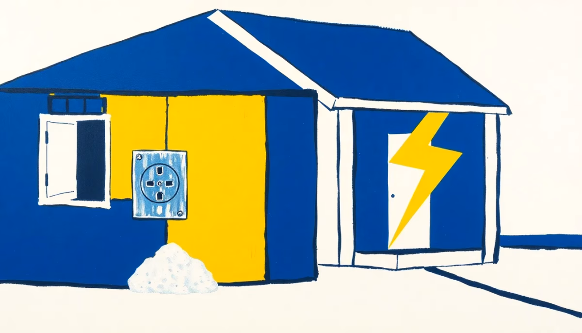 Suprematist abstract painting in the style of Kazimir Malevich featuring a coastal house equipped with a corrosion-proof outdoor electrical socket, surrounded by salt crystals and a lightning bolt. Minimalist composition of bold navy blue and vibrant yellow geometric shapes on a stark white background. Flat textures, sharp edges, avant-garde electrical concept. No humans, no text.