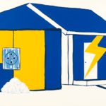 Suprematist abstract painting in the style of Kazimir Malevich featuring a coastal house equipped with a corrosion-proof outdoor electrical socket, surrounded by salt crystals and a lightning bolt. Minimalist composition of bold navy blue and vibrant yellow geometric shapes on a stark white background. Flat textures, sharp edges, avant-garde electrical concept. No humans, no text.