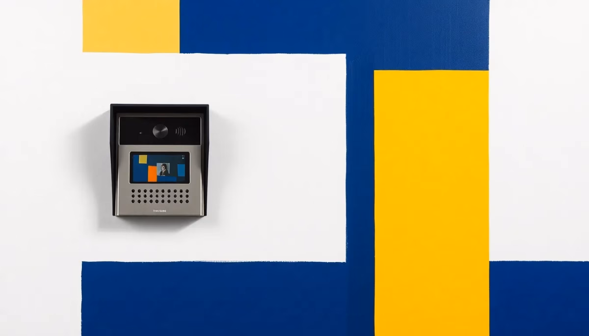 Suprematist abstract painting inspired by Kazimir Malevich, featuring a minimalist outdoor intercom entry panel and an indoor video monitor, bold navy blue and vibrant yellow geometric shapes on a stark white background, flat textures, sharp edges, avant-garde electrical concept, no humans, no text, no letters, no numbers.