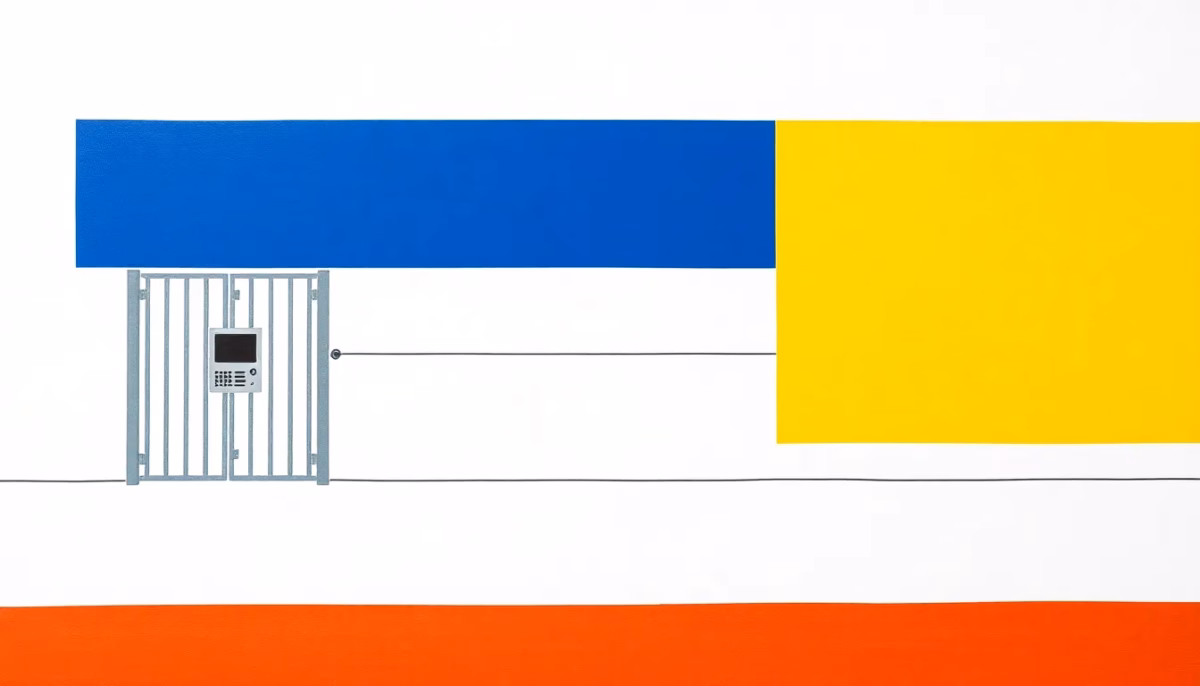 Suprematist abstract painting in the style of Kazimir Malevich featuring a distant aluminium gate with a small video intercom panel and an indoor monitor screen, linked by one long straight horizontal line stretching across an empty field. Minimalist composition of bold navy blue and vibrant yellow geometric shapes on a stark white background. Flat textures, sharp edges, avant-garde electrical concept. No humans, no people, no text, no lettering, no numbers, no watermarks, no logos.