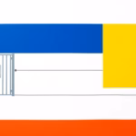Suprematist abstract painting in the style of Kazimir Malevich featuring a distant aluminium gate with a small video intercom panel and an indoor monitor screen, linked by one long straight horizontal line stretching across an empty field. Minimalist composition of bold navy blue and vibrant yellow geometric shapes on a stark white background. Flat textures, sharp edges, avant-garde electrical concept. No humans, no people, no text, no lettering, no numbers, no watermarks, no logos.