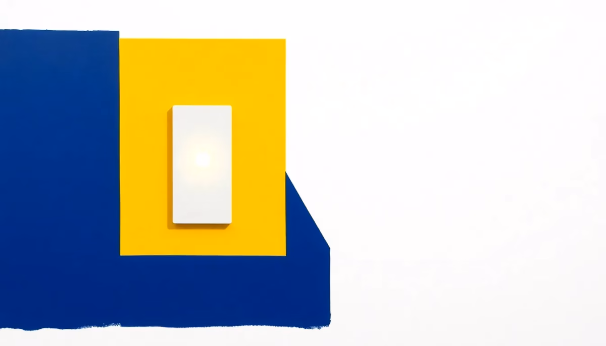 Suprematist abstract painting by Kazimir Malevich featuring a large contrasting wall light switch with a glowing indicator dot. Minimalist composition of bold navy blue and vibrant yellow geometric shapes on a stark white background. Flat textures, sharp edges, avant-garde electrical concept. No humans, no text overlay.