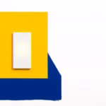 Suprematist abstract painting by Kazimir Malevich featuring a large contrasting wall light switch with a glowing indicator dot. Minimalist composition of bold navy blue and vibrant yellow geometric shapes on a stark white background. Flat textures, sharp edges, avant-garde electrical concept. No humans, no text overlay.