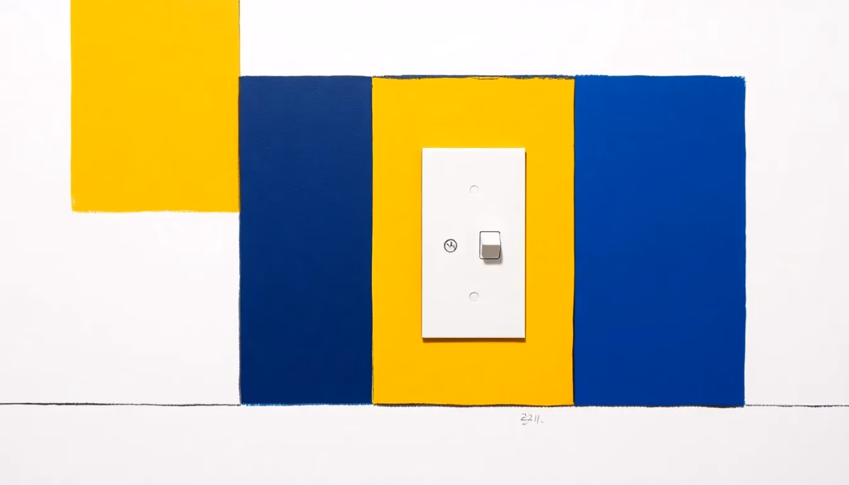 Suprematist abstract painting by Kazimir Malevich featuring an oversized electrical wall switch with a wide flat rocker plate standing beside a round French wall socket. Minimalist composition of bold navy blue and vibrant yellow geometric shapes on a stark white background. Flat textures, sharp edges, avant-garde electrical concept. No humans, no text overlay.
